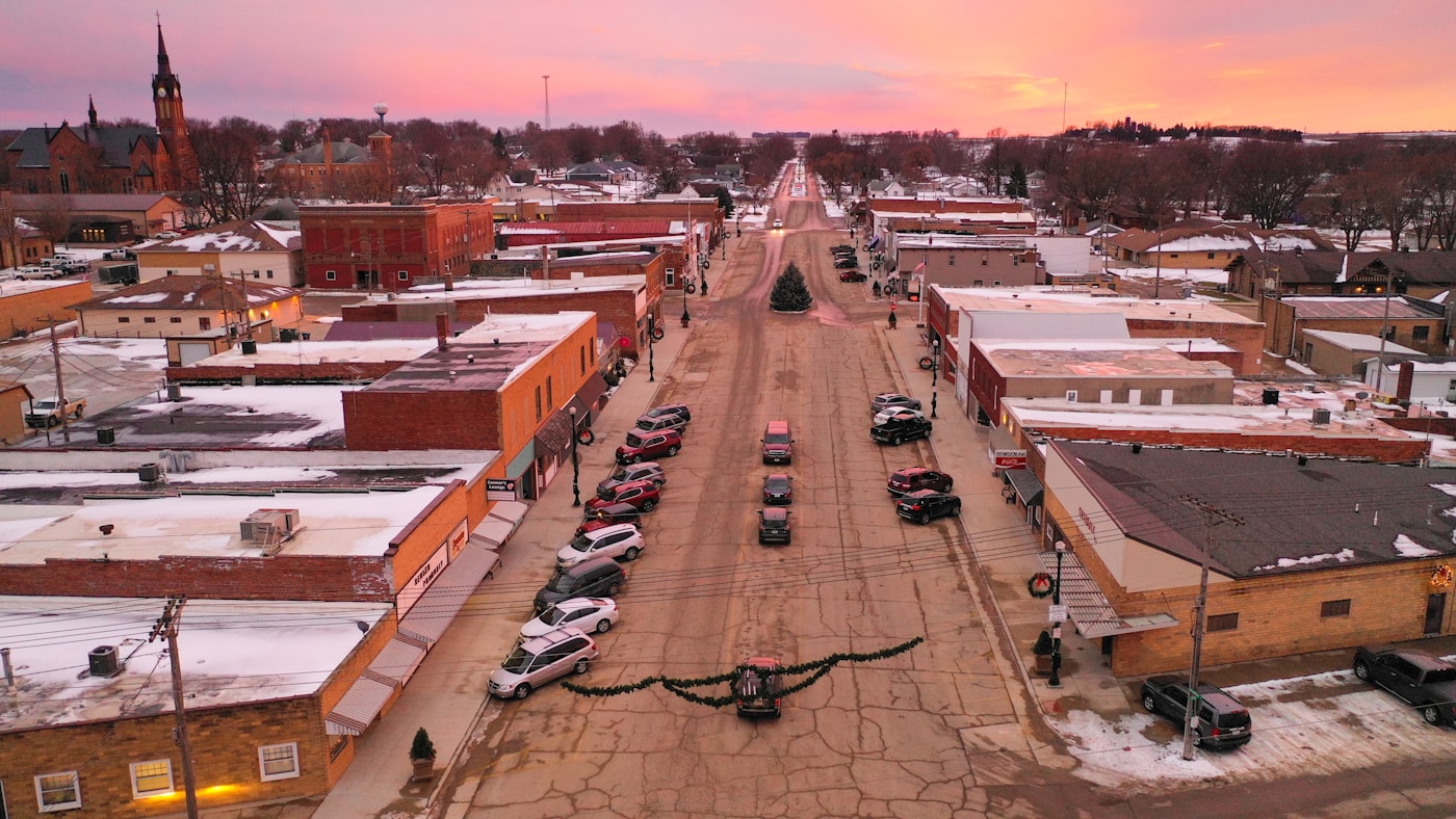 Small river town main street with historic storefronts